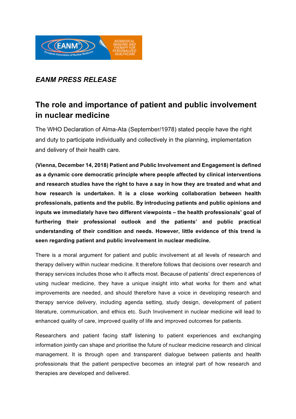 The Role and Importance of Patient and Public Involvement in Nuclear Medicine