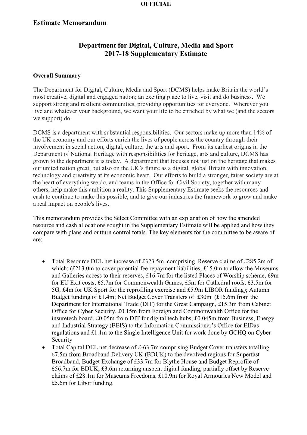 Estimate Memorandum Department for Digital, Culture