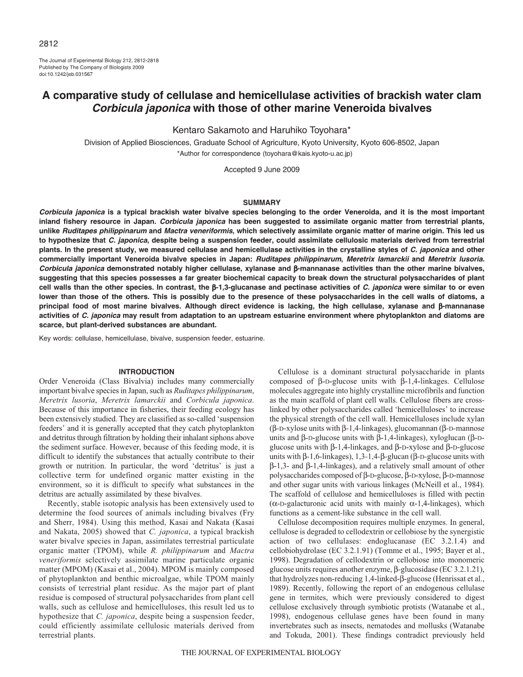 A Comparative Study of Cellulase and Hemicellulase Activities of Brackish Water Clam Corbicula Japonica with Those of Other Marine Veneroida Bivalves