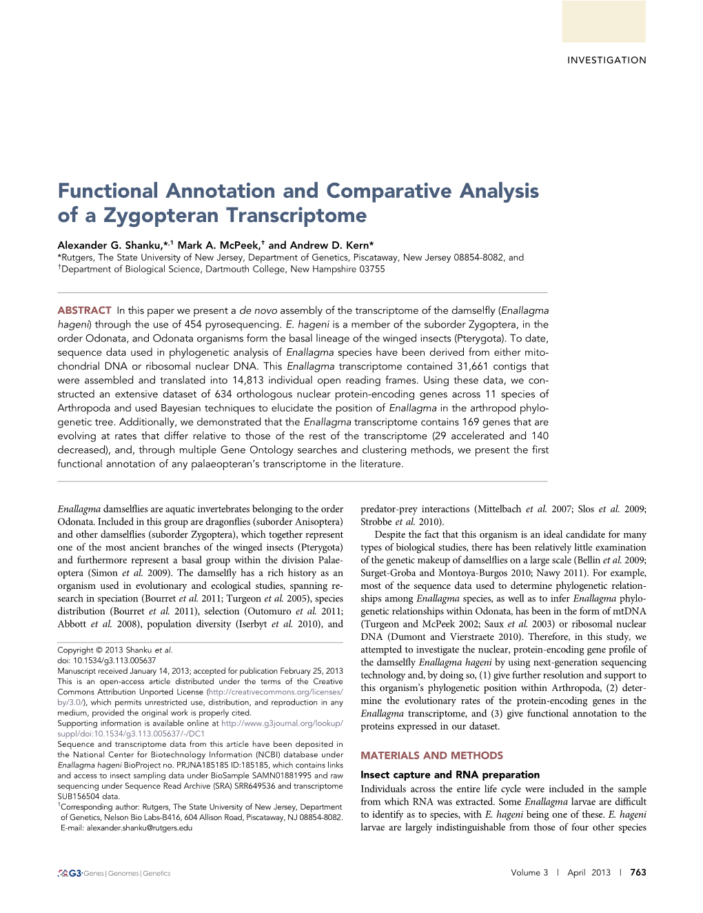 Functional Annotation and Comparative Analysis of a Zygopteran Transcriptome