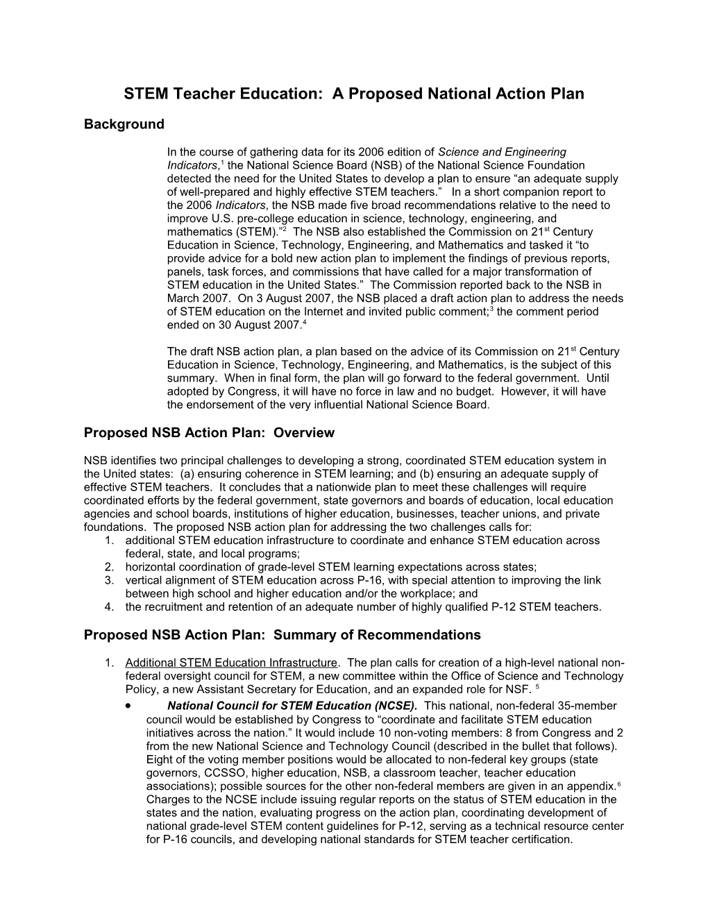 STEM Teacher Education: a Proposed National Action Plan