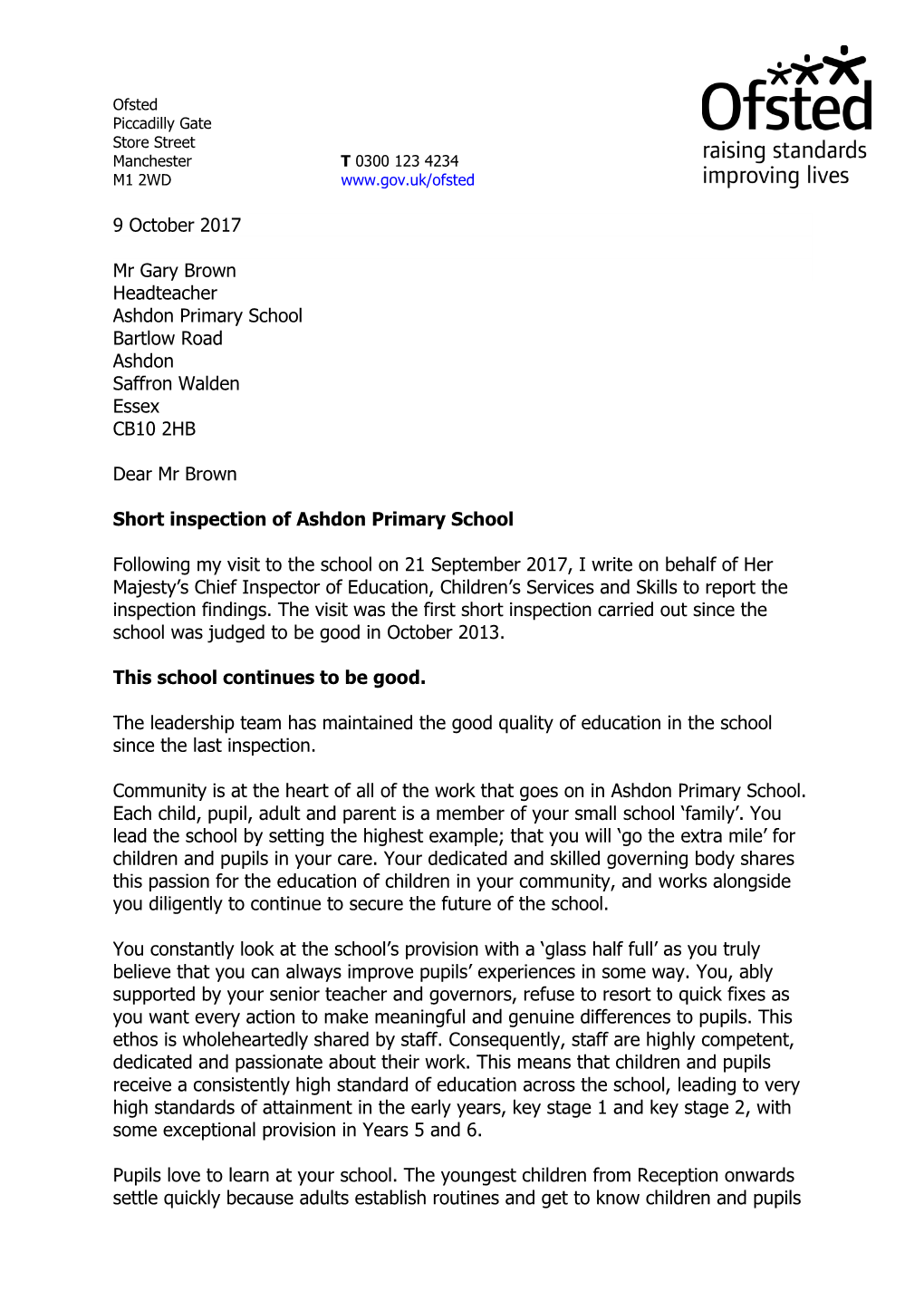 9 October 2017 Mr Gary Brown Headteacher Ashdon Primary