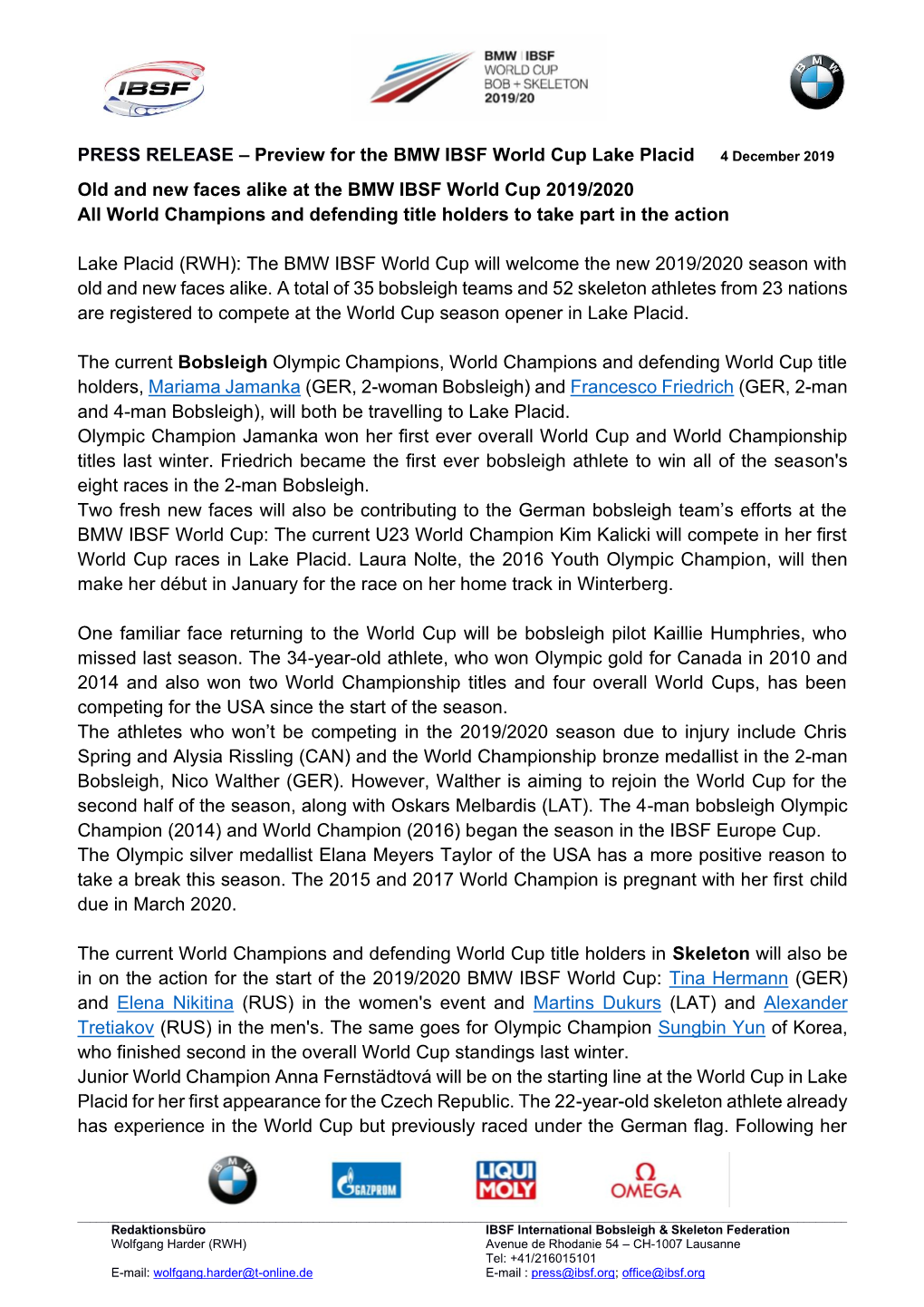 PRESS RELEASE – Preview for the BMW IBSF World Cup Lake Placid 4 December 2019