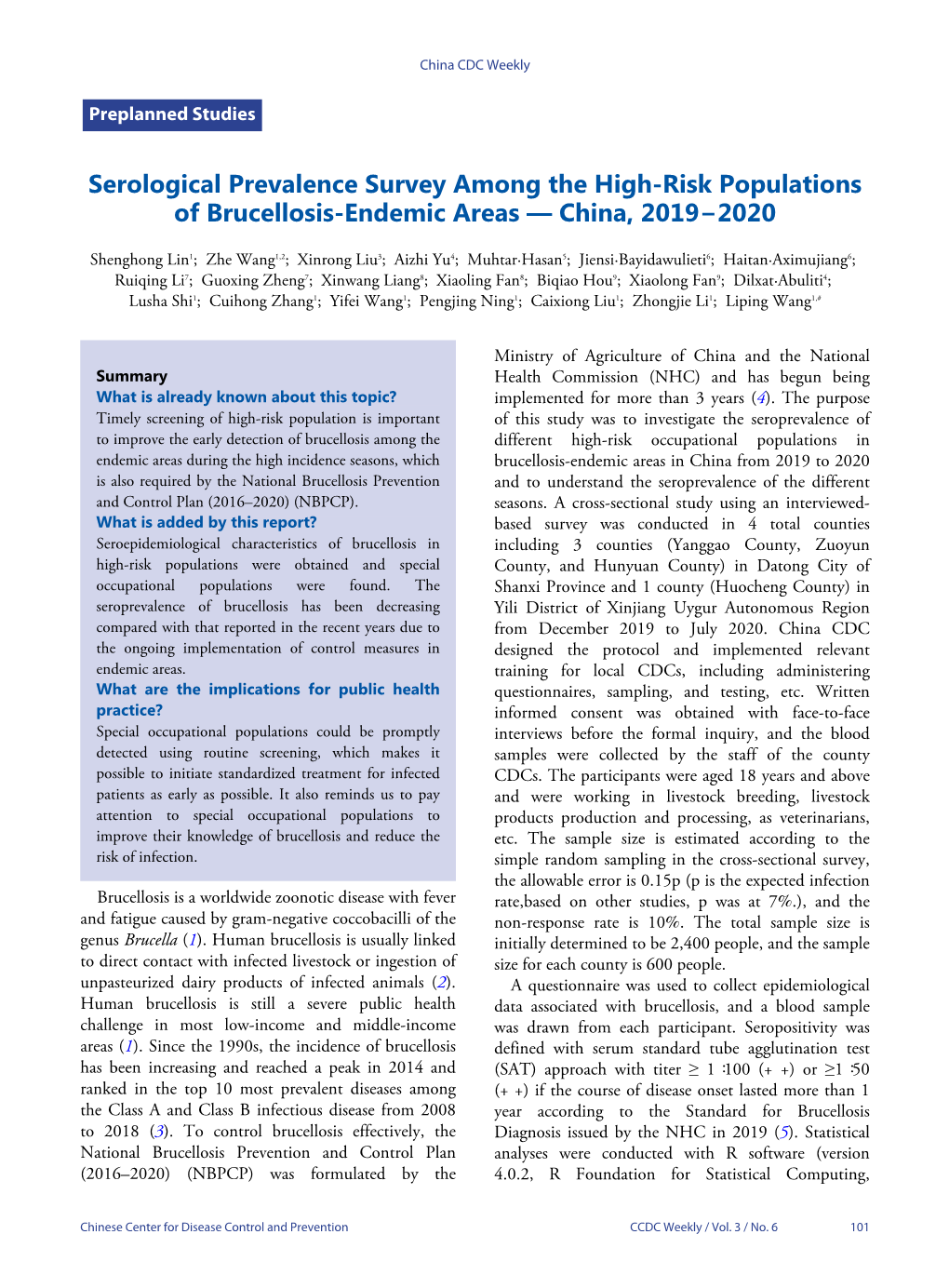 Serological Prevalence Survey Among the High-Risk Populations of Brucellosis-Endemic Areas — China, 2019−2020