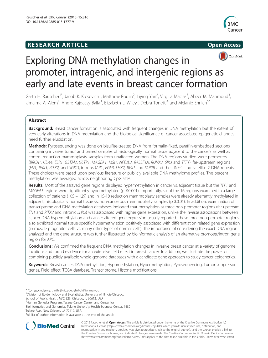 Exploring DNA Methylation Changes in Promoter, Intragenic, and Intergenic Regions As Early and Late Events in Breast Cancer Formation Garth H