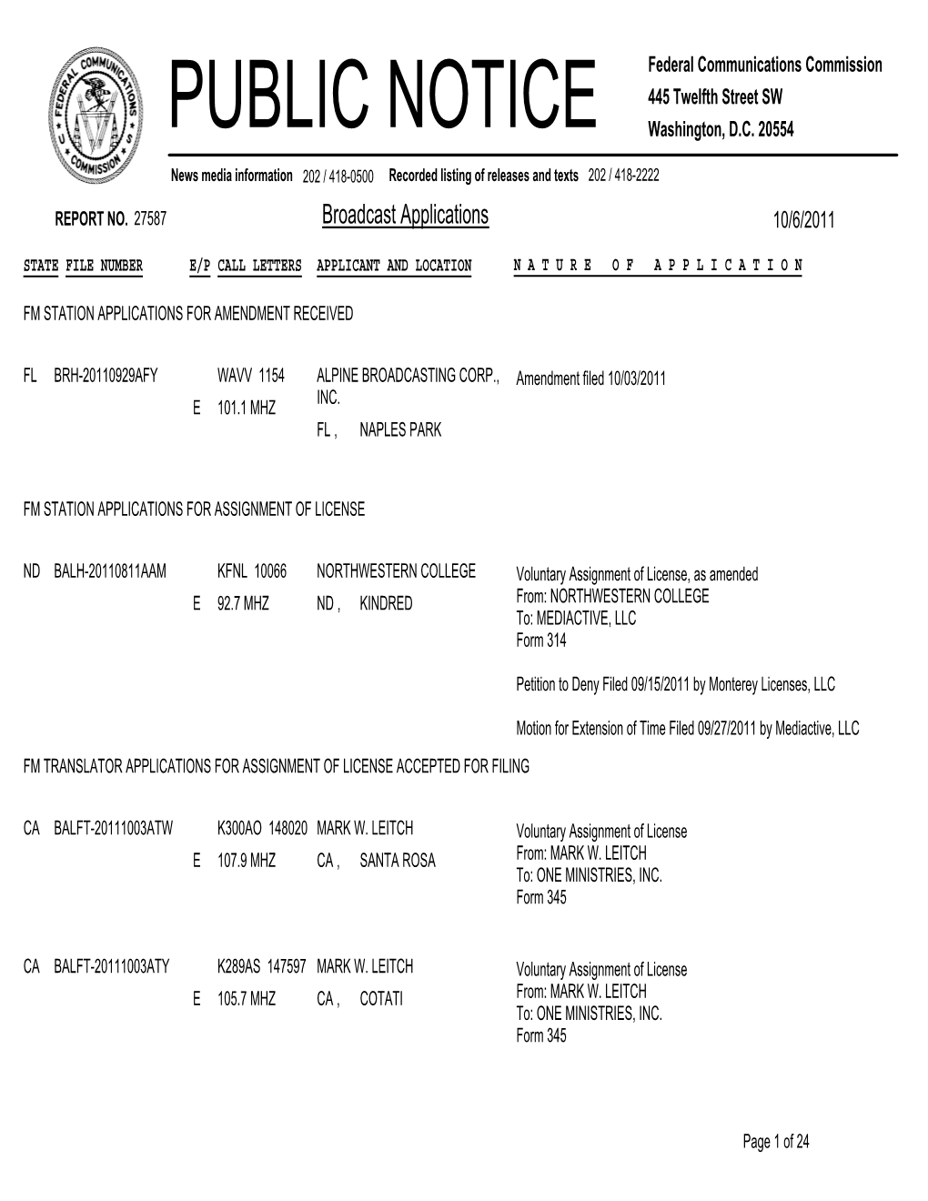 Broadcast Applications 10/6/2011