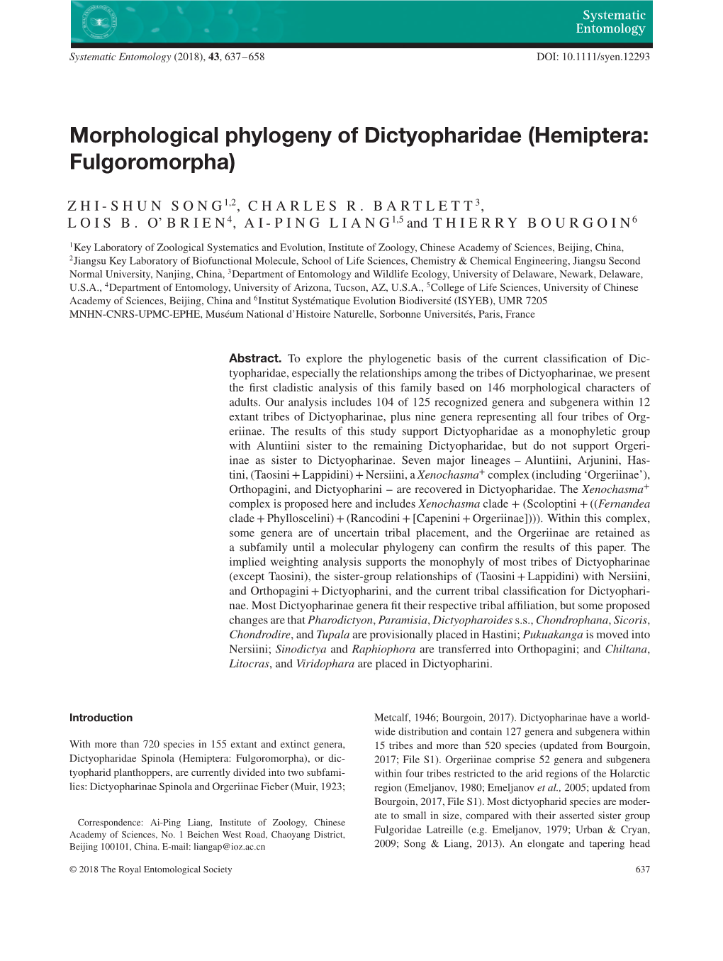 Morphological Phylogeny of Dictyopharidae (Hemiptera: Fulgoromorpha)