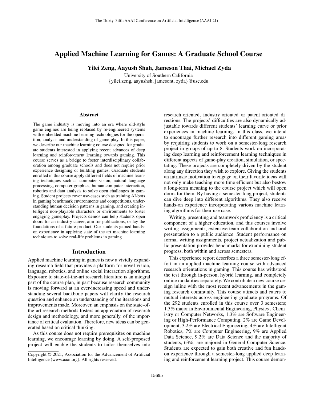 Applied Machine Learning for Games: a Graduate School Course