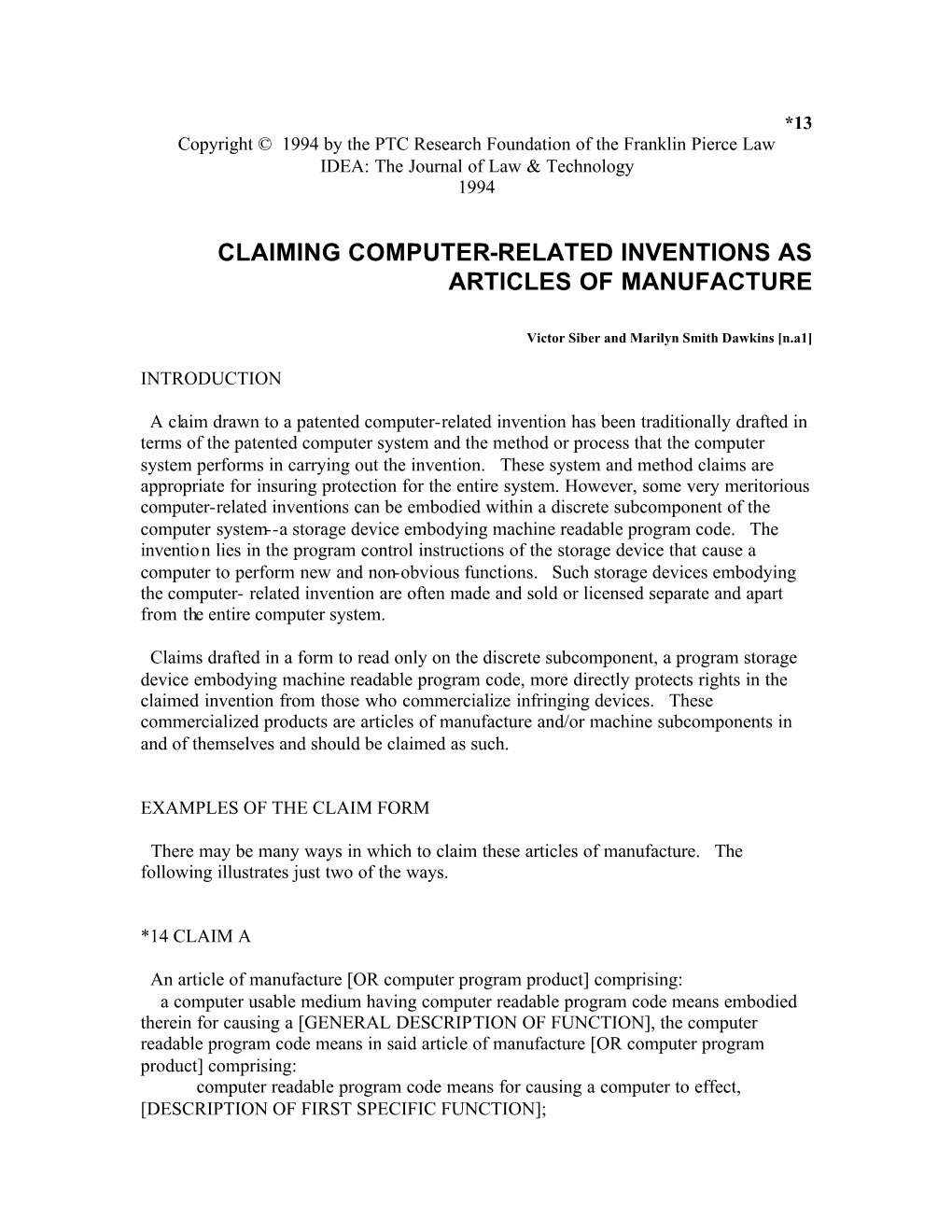 Claiming Computer-Related Inventions As Articles of Manufacture