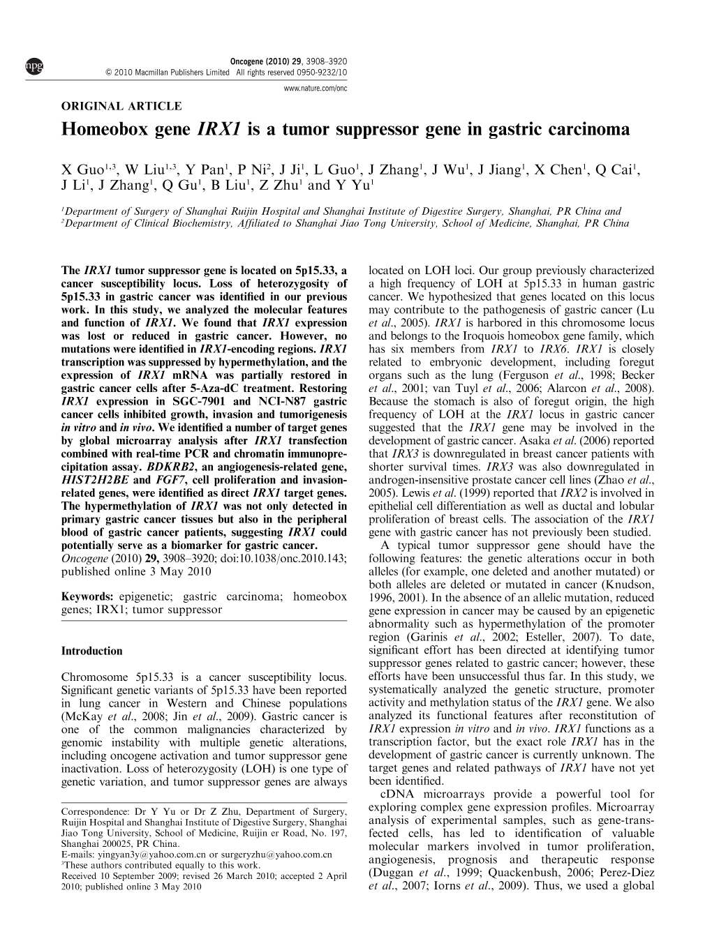 Homeobox Gene IRX1 Is a Tumor Suppressor Gene in Gastric Carcinoma