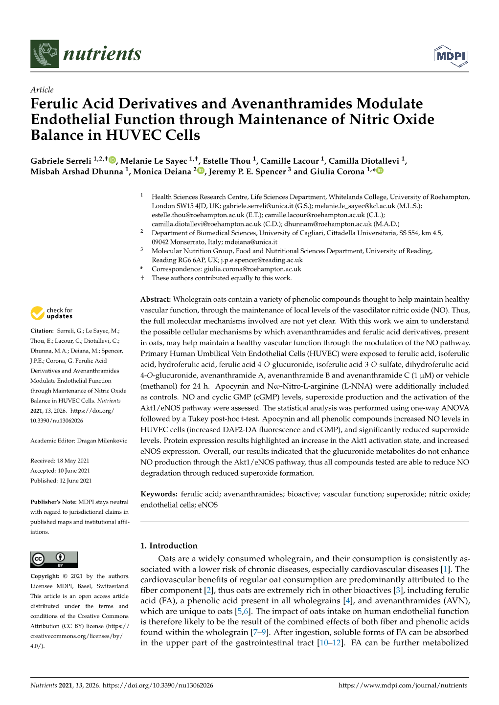 Ferulic Acid Derivatives and Avenanthramides Modulate Endothelial Function Through Maintenance of Nitric Oxide Balance in HUVEC Cells