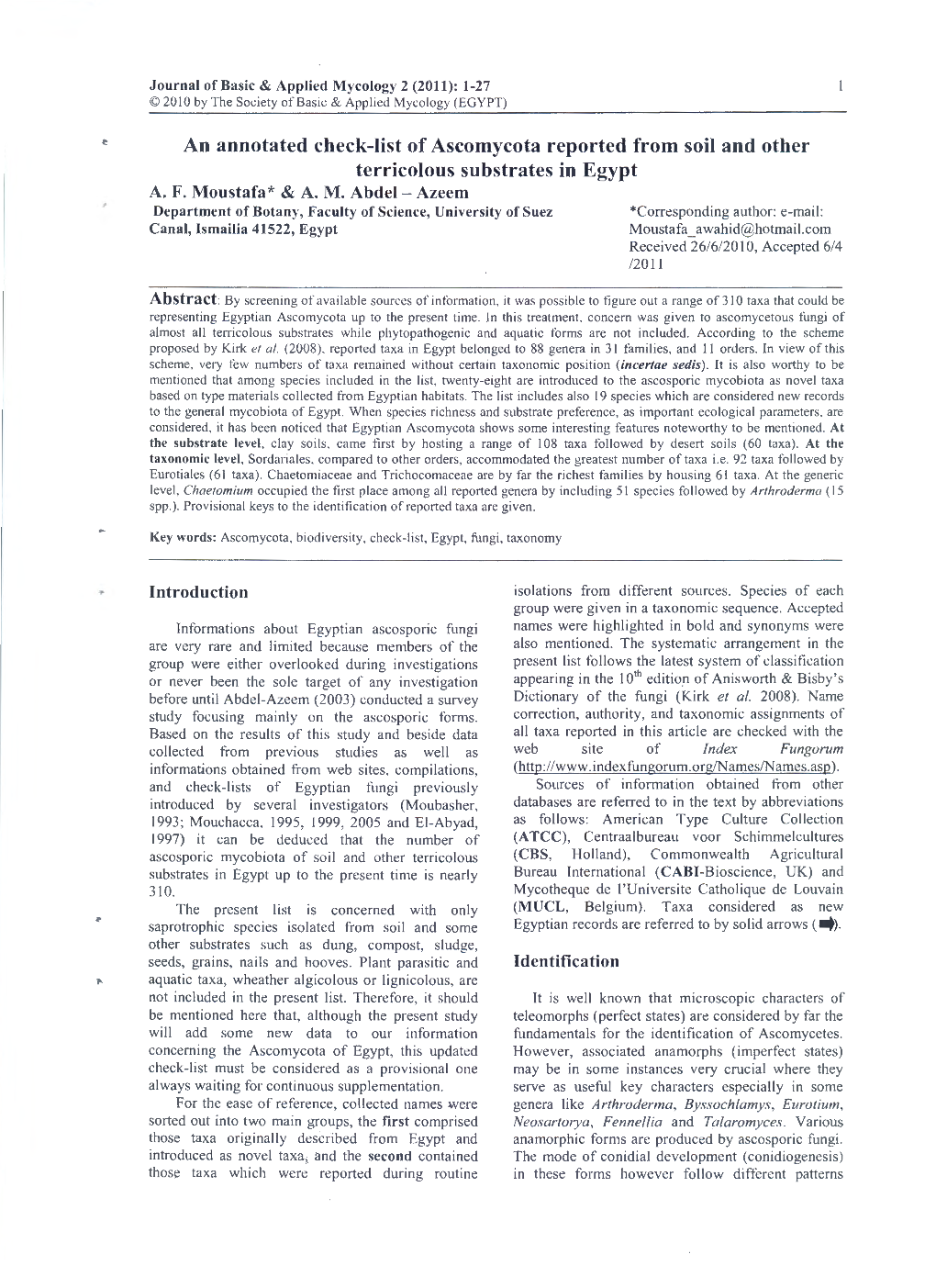 An Annotated Check-List of Ascomycota Reported from Soil and Other Terricolous Substrates in Egypt A