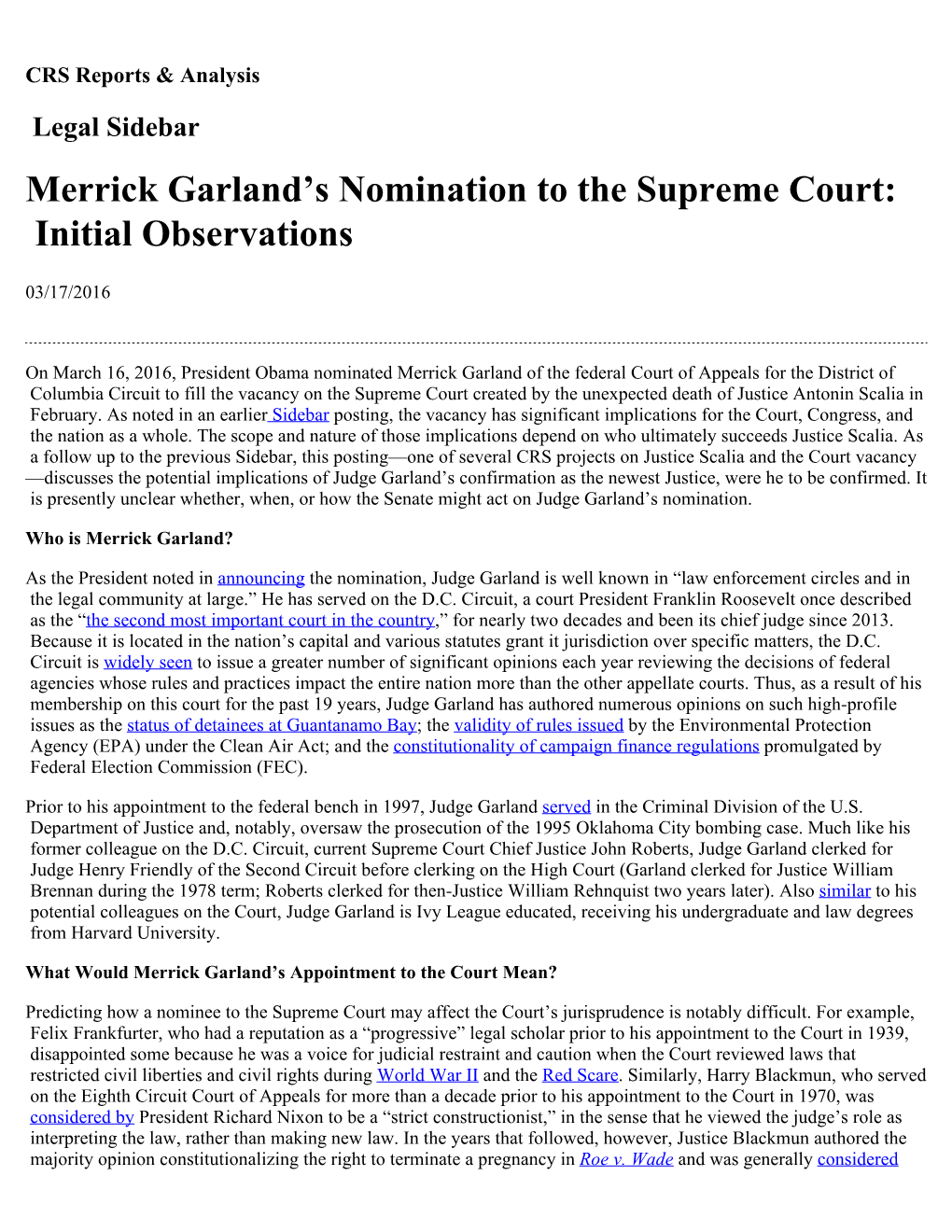 Merrick Garland's Nomination to the Supreme Court: Initial Observations