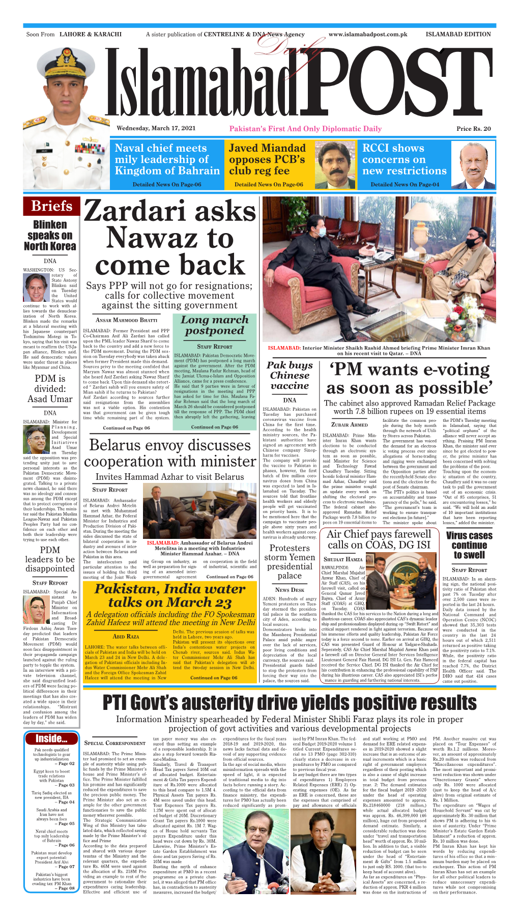 Briefs Zardari Asks Nawaz to Come Back