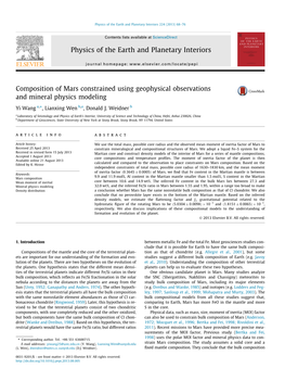 Composition of Mars Constrained Using Geophysical Observations and Mineral Physics Modeling ⇑ Yi Wang A, , Lianxing Wen B,A, Donald J