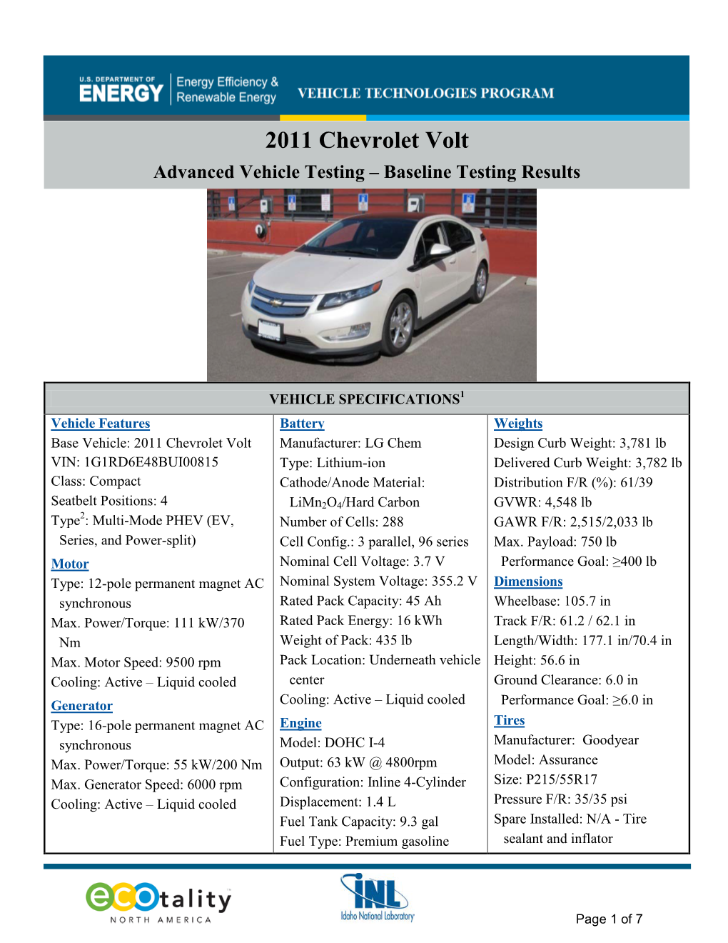 Chevrolet Volt Advanced Vehicle Testing – Baseline Testing Results
