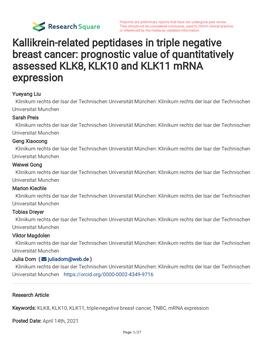 Kallikrein-Related Peptidases in Triple Negative Breast Cancer: Prognostic Value of Quantitatively Assessed KLK8, KLK10 and KLK11 Mrna Expression