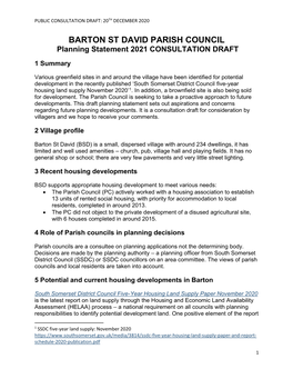 BARTON ST DAVID PARISH COUNCIL Planning Statement 2021 CONSULTATION DRAFT