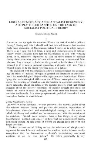 Liberal Democracy and Capitalist Hegemony: a Reply to Leo Panitch on the Task of Socialist Political Theory I