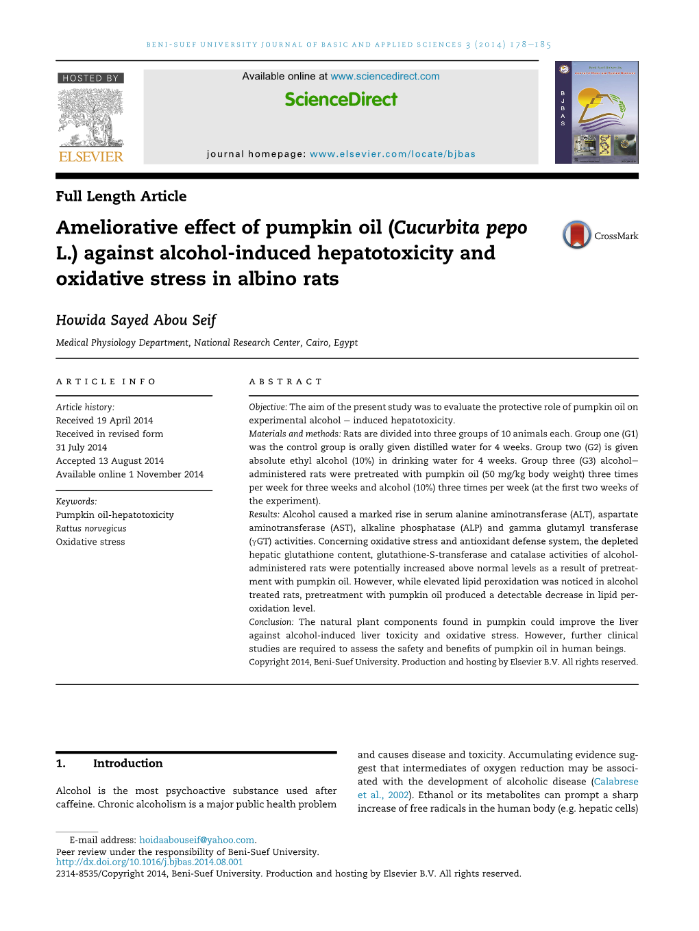 Ameliorative Effect of Pumpkin Oil (Cucurbita Pepo L.) Against Alcohol-Induced Hepatotoxicity and Oxidative Stress in Albino Rats