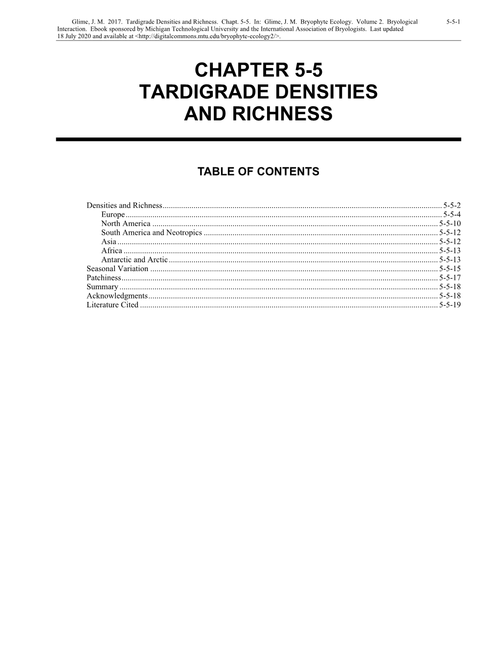 Tardigrade Densities and Richness