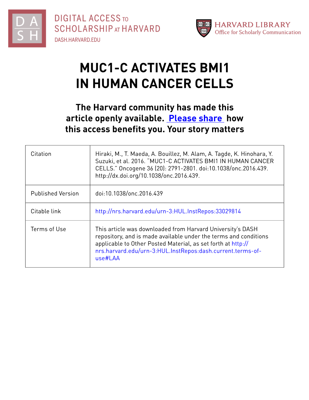 Muc1-C Activates Bmi1 in Human Cancer Cells