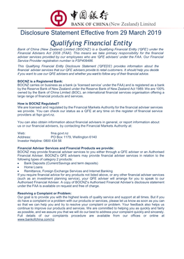 Qualifying Financial Entity Bank of China (New Zealand) Limited (‘BOCNZ’) Is a Qualifying Financial Entity (‘QFE’) Under the Financial Advisers Act 2008 (‘FAA’)