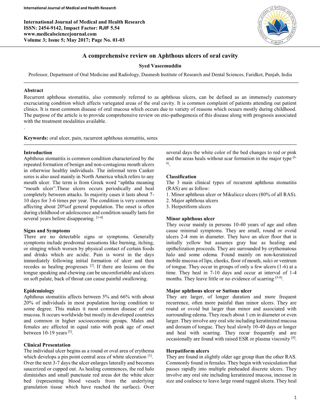 A Comprehensive Review on Aphthous Ulcers of Oral Cavity