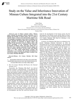 Study on the Value and Inheritance Innovation of Minnan Culture Integrated Into the 21St Century Maritime Silk Road