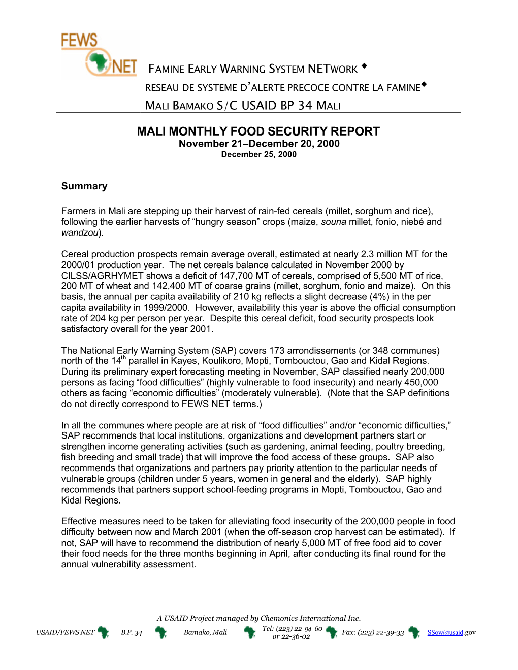 Mali Bamako S/C Usaid Bp 34 Mali Mali Monthly Food Security Report