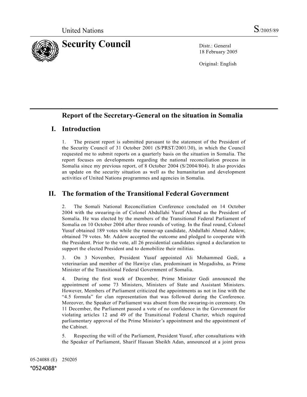 Security Council Distr.: General 18 February 2005