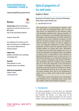 Optical Properties of Ice and Snow Royalsocietypublishing.Org/Journal/Rsta Stepheng.Warren