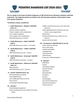 Pediatric Diagnosis List 2020-2021