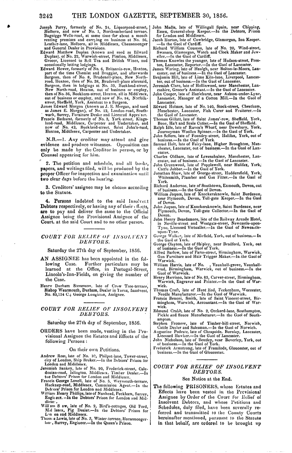 The London Gazette, September 30, 1856
