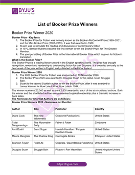 List of Booker Prize Winners