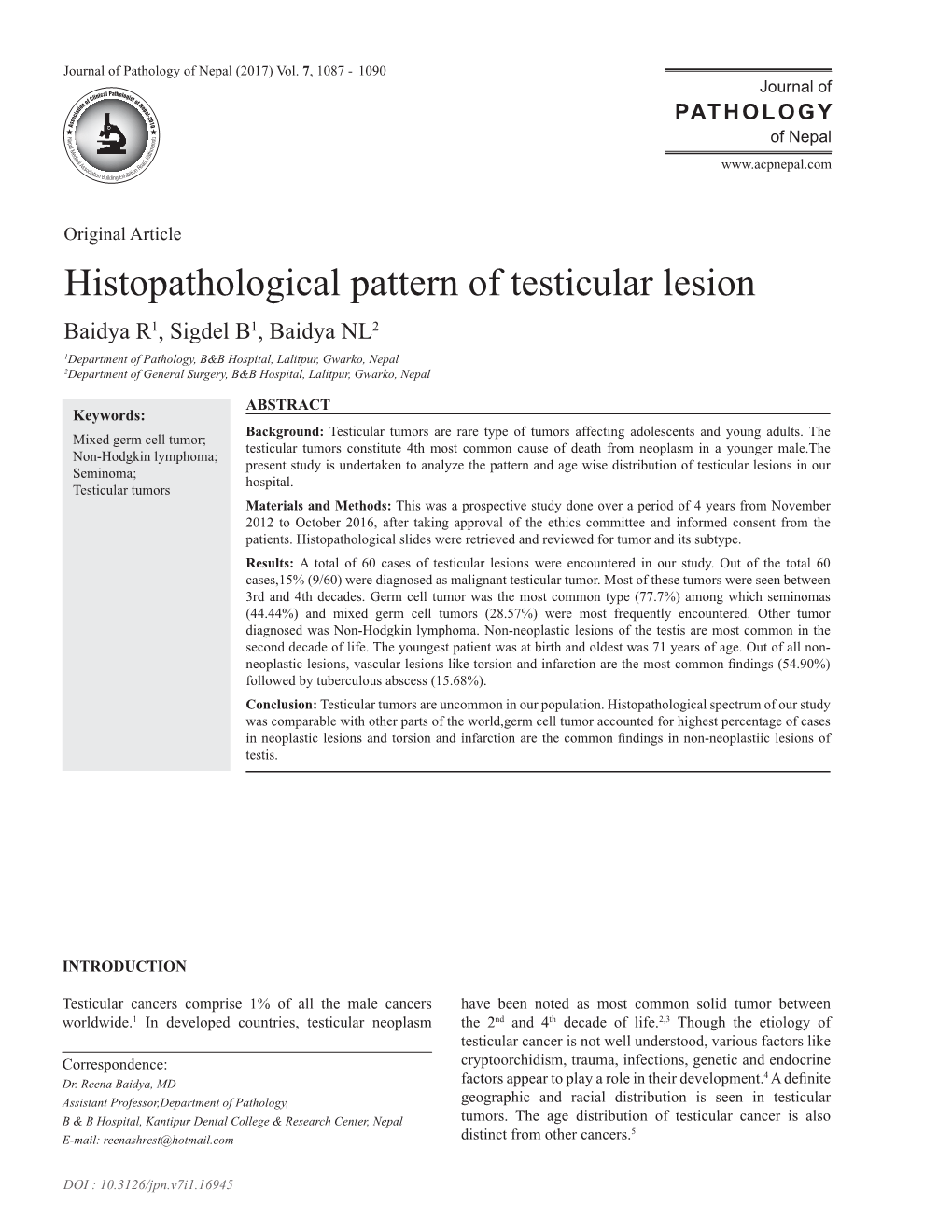 Histopathological Pattern of Testicular Lesion