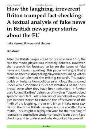 How the Laughing, Irreverent Briton Trumped Fact-Checking: a Textual Analysis of Fake News in British Newspaper Stories About the EU
