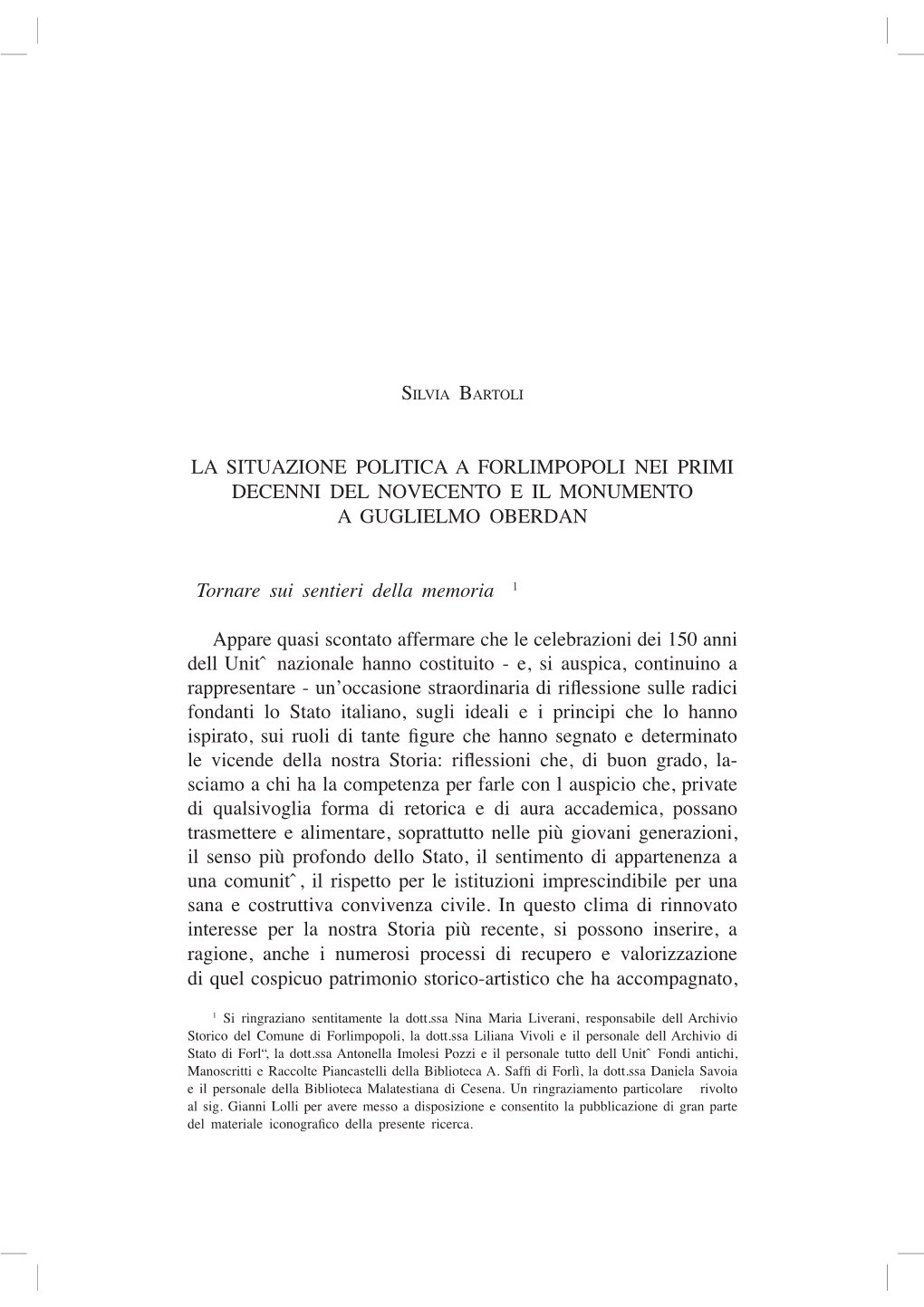 La Situazione Politica a Forlimpopoli Nei Primi Decenni Del Novecento E Il Monumento a Guglielmo Oberdan