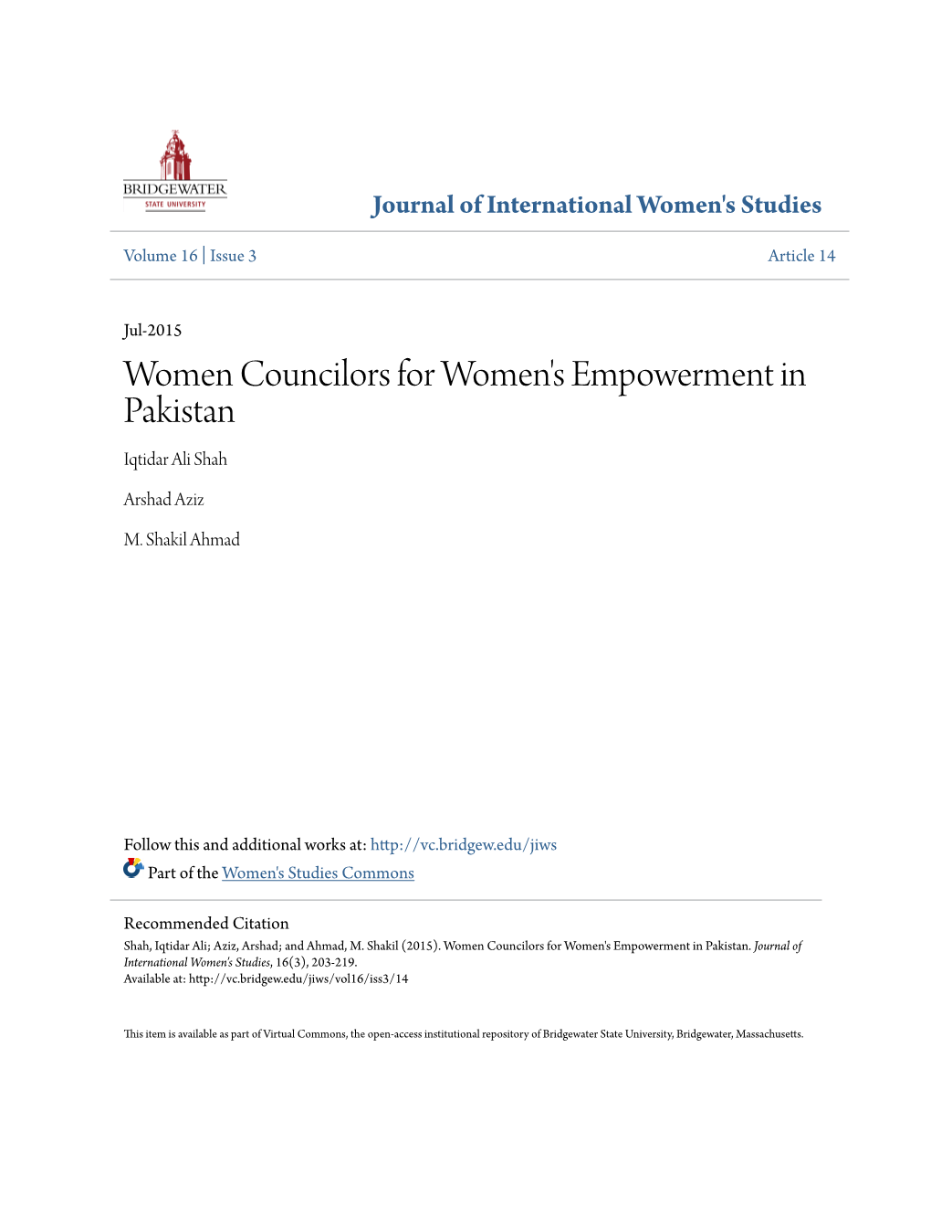 Women Councilors for Women's Empowerment in Pakistan Iqtidar Ali Shah