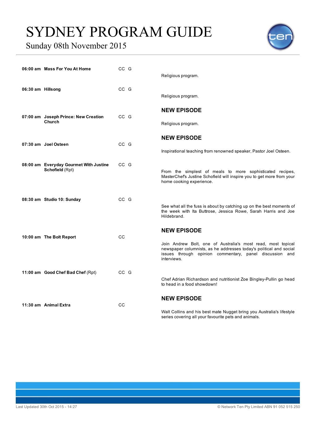 SYDNEY PROGRAM GUIDE Sunday 08Th November 2015