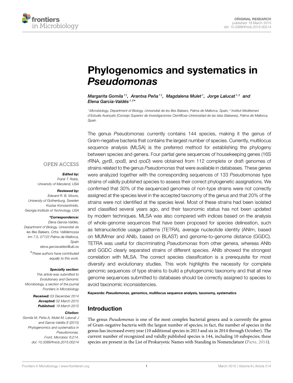 Phylogenomics and Systematics in Pseudomonas