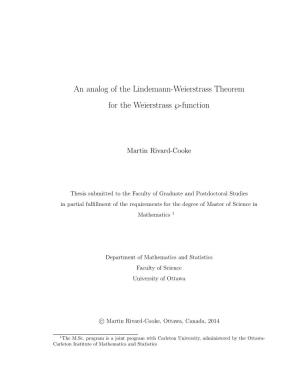 An Analog of the Lindemann-Weierstrass Theorem for the Weierstrass -Function