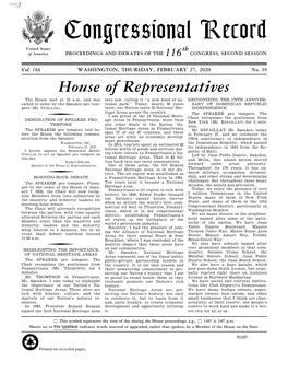 Congressional Record United States Th of America PROCEEDINGS and DEBATES of the 116 CONGRESS, SECOND SESSION