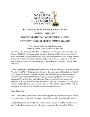 Legendary Play-By-Play Announcer Verne Lundquist to Receive Lifetime Achievement Award at the 37Th Annual Sports Emmy® Awards