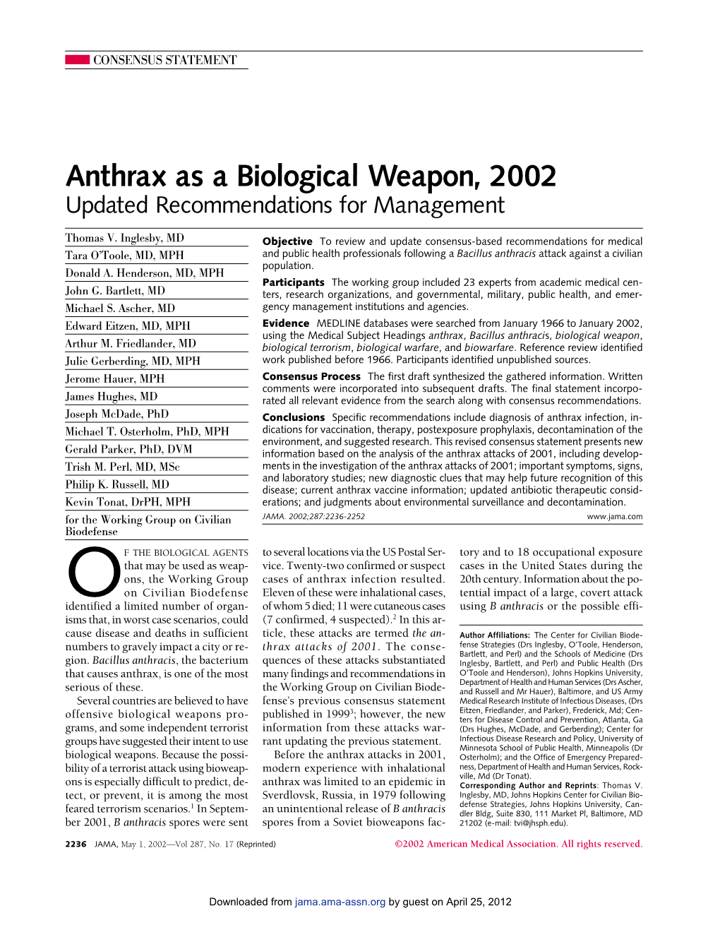 Anthrax As a Biological Weapon, 2002 Updated Recommendations for Management