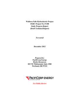 Wallowa Falls Hydroelectric Project FERC Project No. P-308 Study Progress Report (Draft Technical Report)