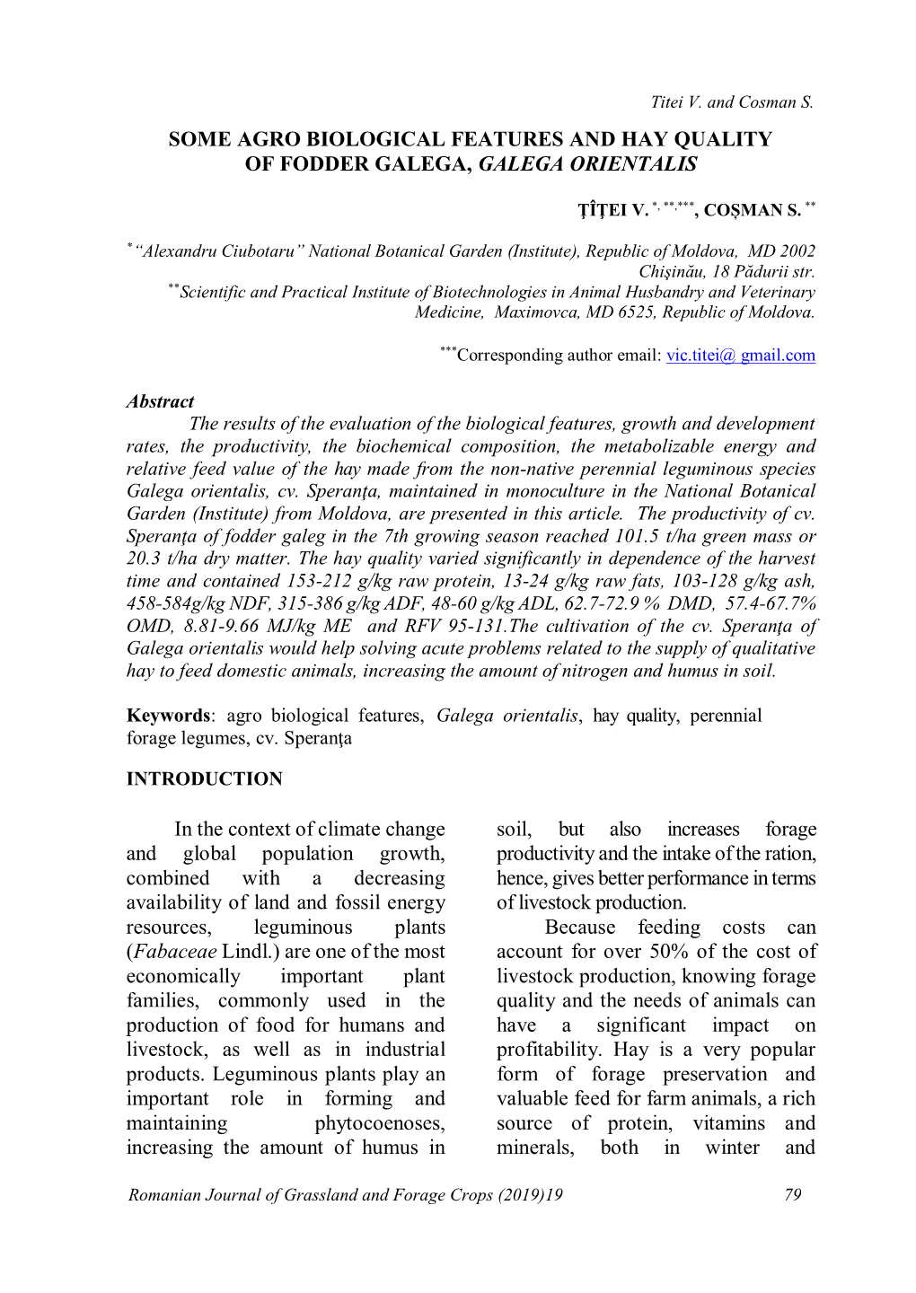 Some Agro Biological Features and Hay Quality of Fodder Galega, Galega Orientalis