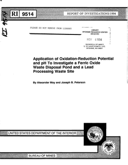 Application of Oxidation-Reduction Potential and Ph to Investigate a Ferric Oxide Waste Disposal Pond and a Lead Processing Waste Site