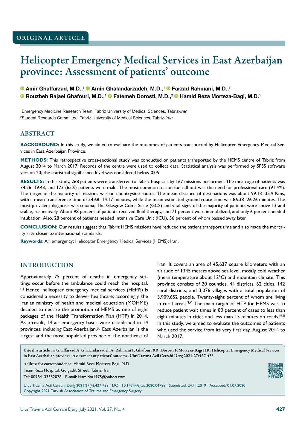 Helicopter Emergency Medical Services in East Azerbaijan Province: Assessment of Patients’ Outcome