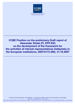 CCBE Position on the Preliminary Draft Report of Alexander Stubb (FI